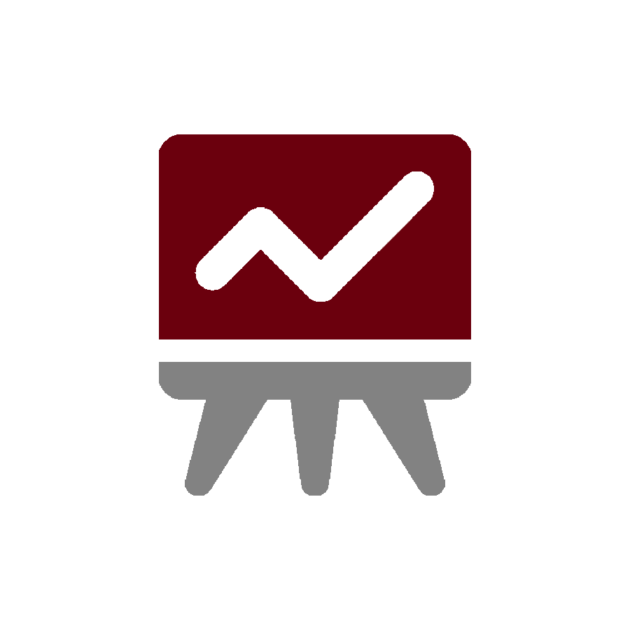 red and gray icon of a chart with an upward moving line sitting on an easel