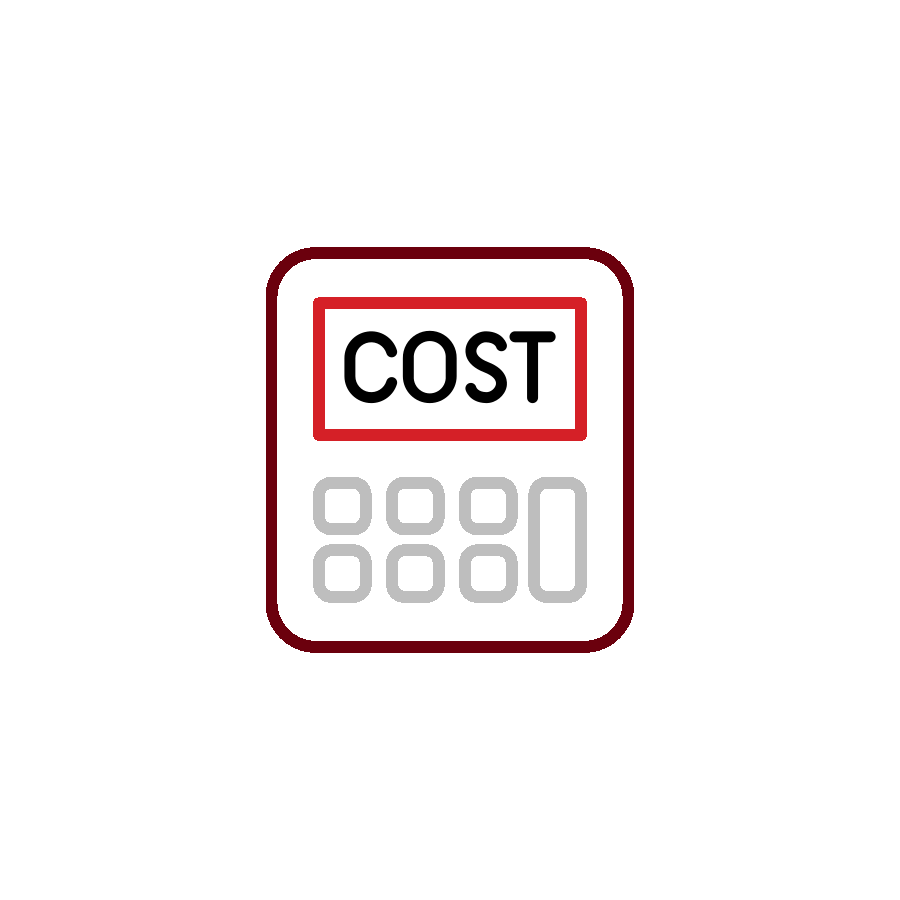 icon of a gray calculator with the word 'cost' displayed on the calculator's display