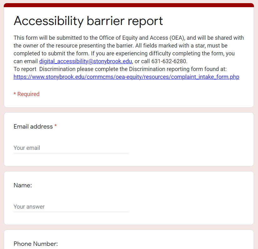Screenshot of Accessibiilty Barrier Report Form