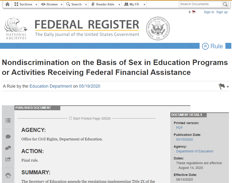 Screenshot of Federal Register