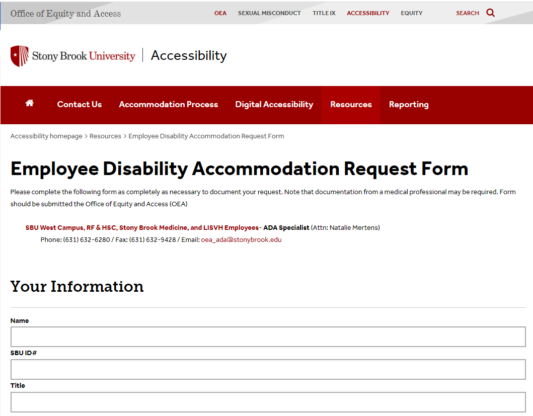 Screenshot of Diability Accommodation Request Form