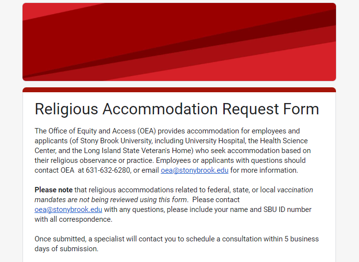 Screenshot of Religious Accommodation Form