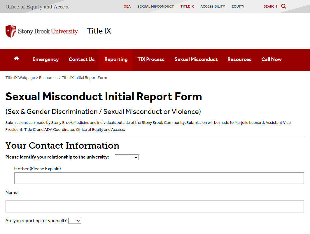 Title IX Report Form Screenshot