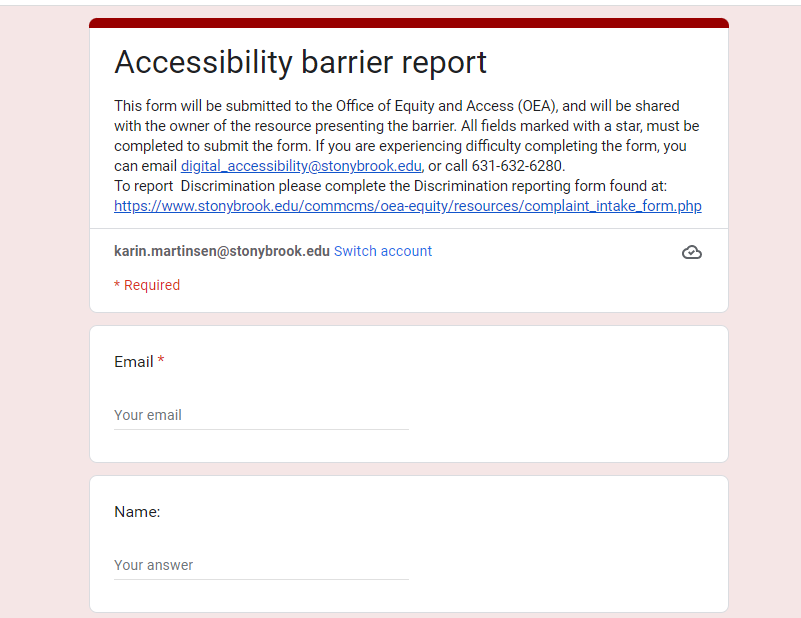 Accessibilty Barrier Report Form Screenshot