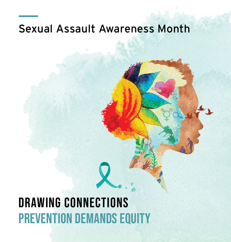 Sexual Assault Awareness Month Drawing Connections Prevention Demand Equity.   Image shows a profile of a man in multicolor nature scenes overlaying the profile of a female.  