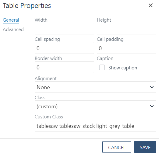 Table Properties
