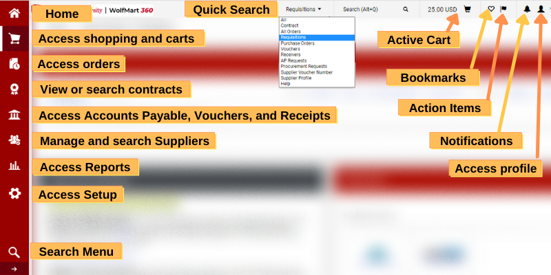Wolfmart homepage showing tool bar on left from top to bottom with home; shopping; document search; view and search for contracts; accounts payable, vouchers, and receipts; and menu search. Top tool bar showing from left to right person's name with access to profile, access bookmarks, actions items, notifications, access to current shopping cart and quick search