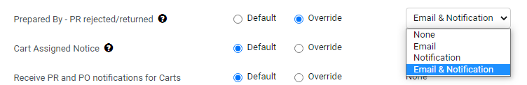 override setting selected with a new notification option