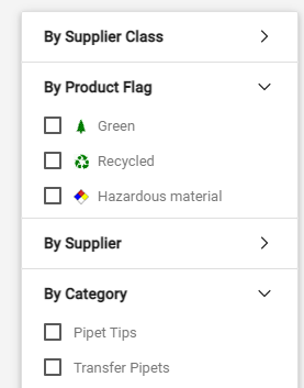 filter results options showing filter category By Product Flag with green and recycled options and By Supplier category with Agilent Technologies incorporated and applied biosystems options